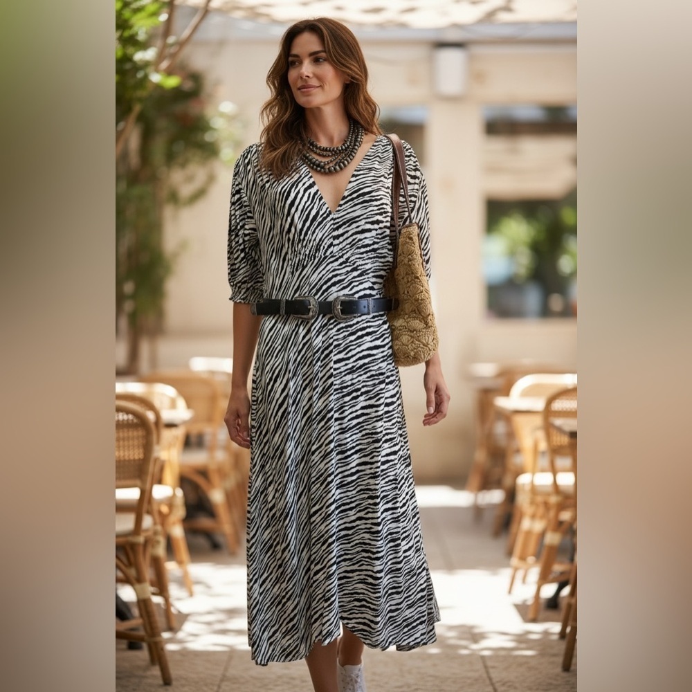 Anthropologie Faithfull The Brand Zebra Print Midi Dress Size L, Pre-Own EUC